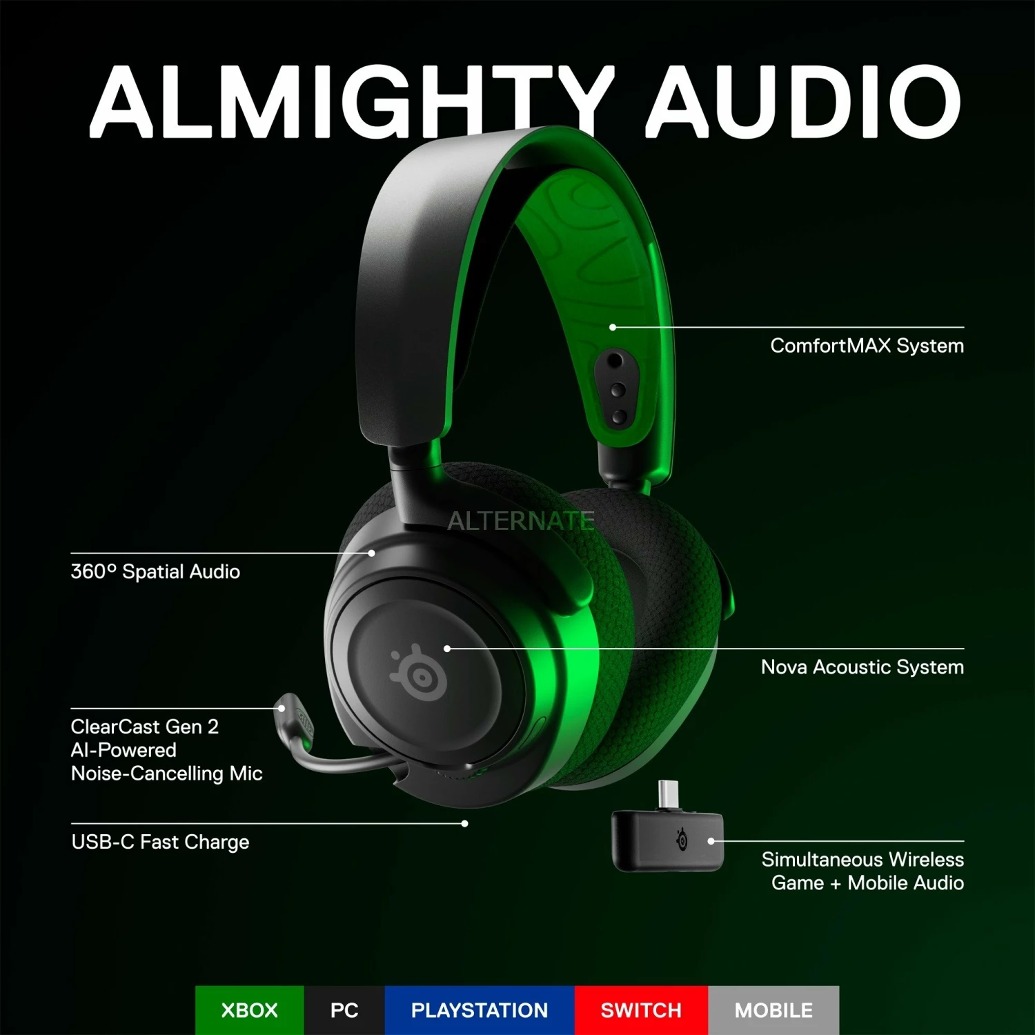 Gaming Headsets SteelSeries Arctis Nova 7X, Gaming-Headset (schwarz/grün, USB-C, Bluetooth) – Bild 2